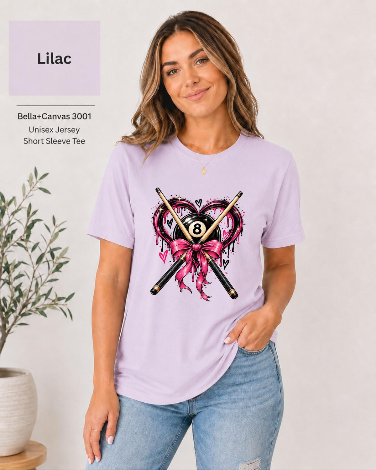 Lilac Bella+Canvas tee displaying the colorful pool player artwork on a soft purple shirt.