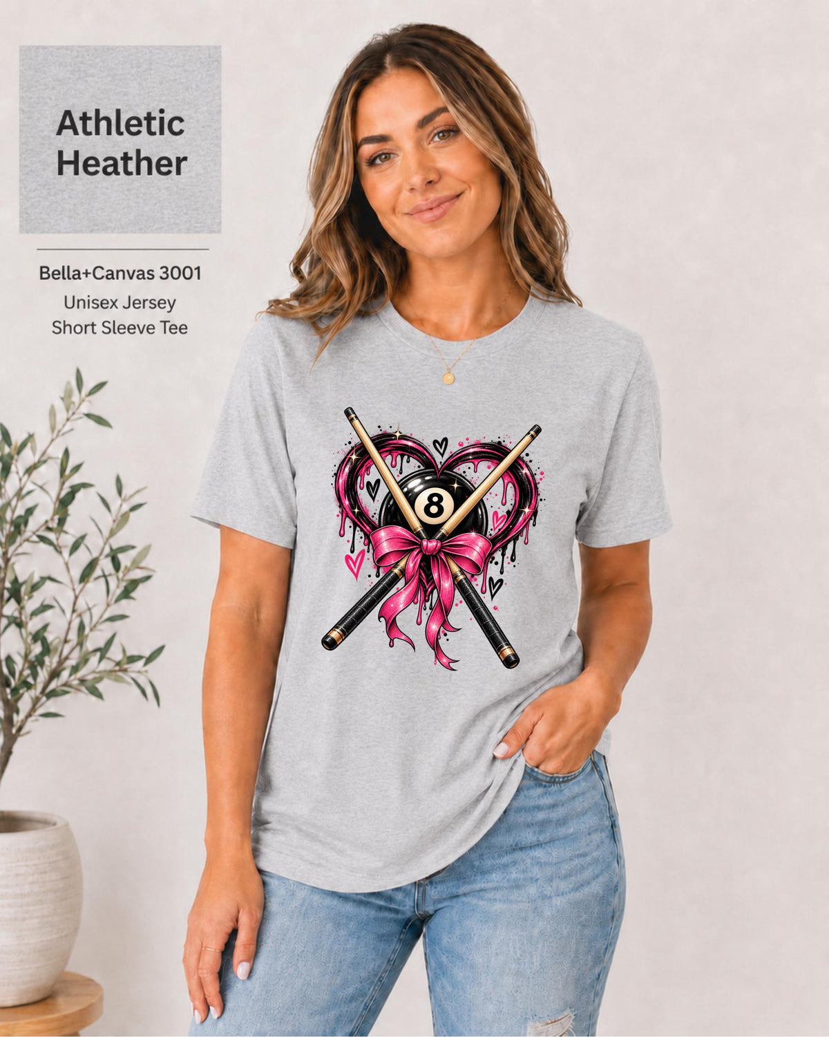 Athletic Heather Bella+Canvas T-shirt featuring the pink and black billiards graphic with heart, bow, and crossed cues.