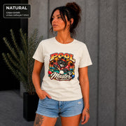 Natural Gildan 64000 tee displaying the Pool Master design with black cat, pool cue, tropical background, and colorful billiards details.