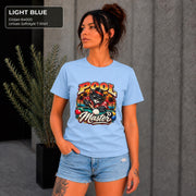Light Blue Gildan 64000 shirt displaying the Pool Master billiards graphic with black cat, cue, and tropical sunset artwork.