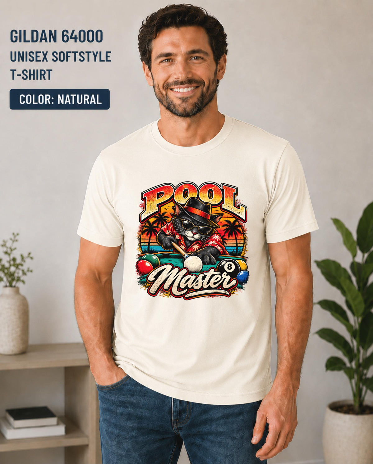 Natural Softstyle tee featuring the retro Pool Master design with black cat, 8 ball, pool cue, and tropical backdrop.