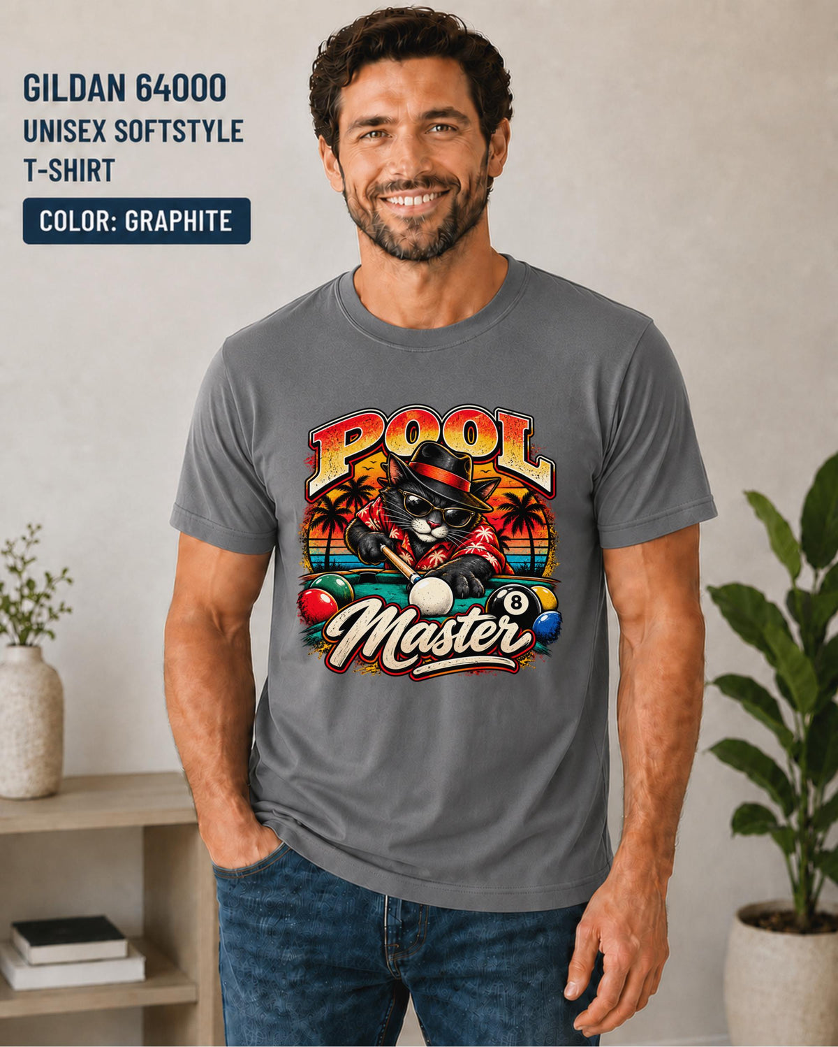 Graphite Gildan 64000 shirt displaying the sharp shooter cat graphic with bright vintage pool hall artwork.