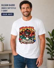 White Gildan 64000 T-shirt featuring the Pool Master cat artwork in a clean casual mockup.