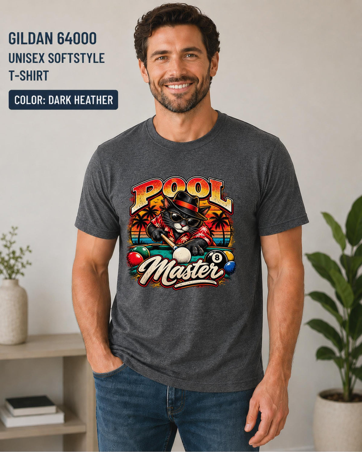 Dark Grey Softstyle shirt showing the colorful billiards graphic with black cat, cue stick, and retro sunset design.