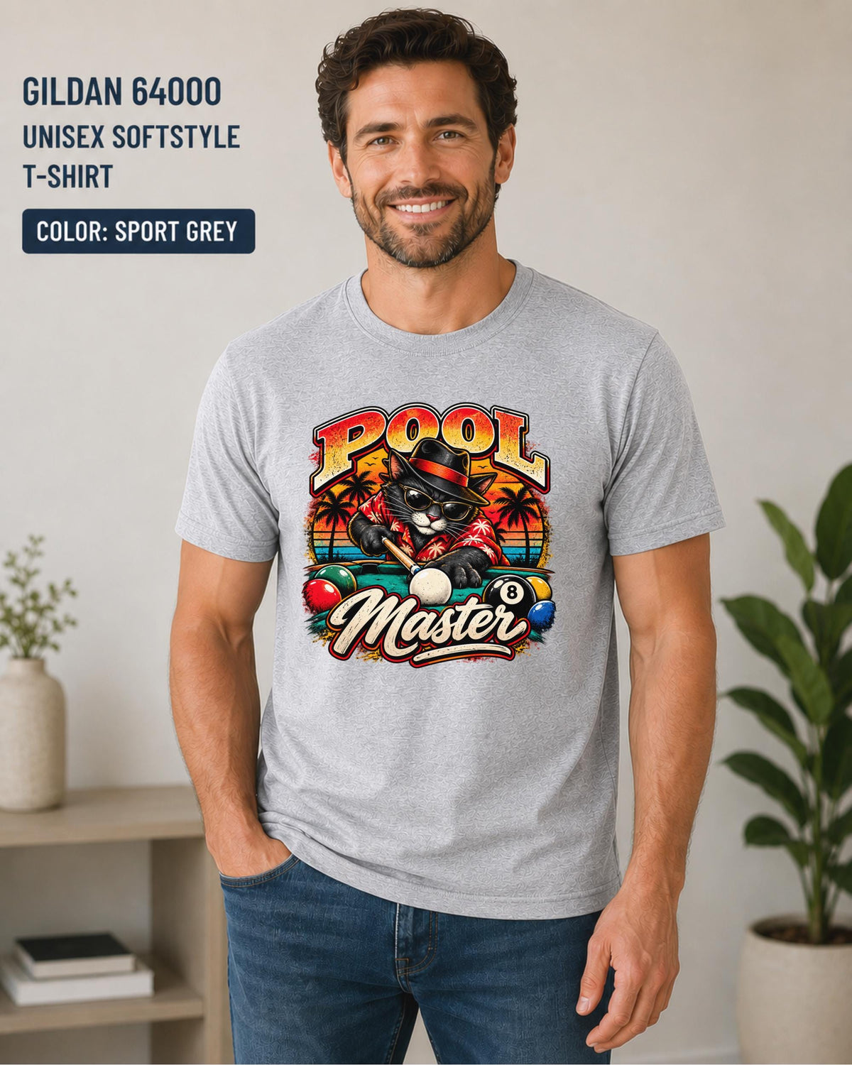 Sport Grey Gildan 64000 tee featuring the Pool Master design with bold cat illustration and bright pool hall colors.