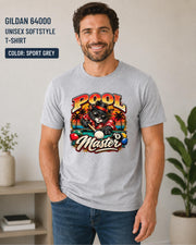 Sport Grey Gildan 64000 tee featuring the Pool Master design with bold cat illustration and bright pool hall colors.