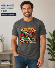 Charcoal Gildan Softstyle shirt featuring the Pool Master fox graphic with billiard balls and vintage tropical styling.