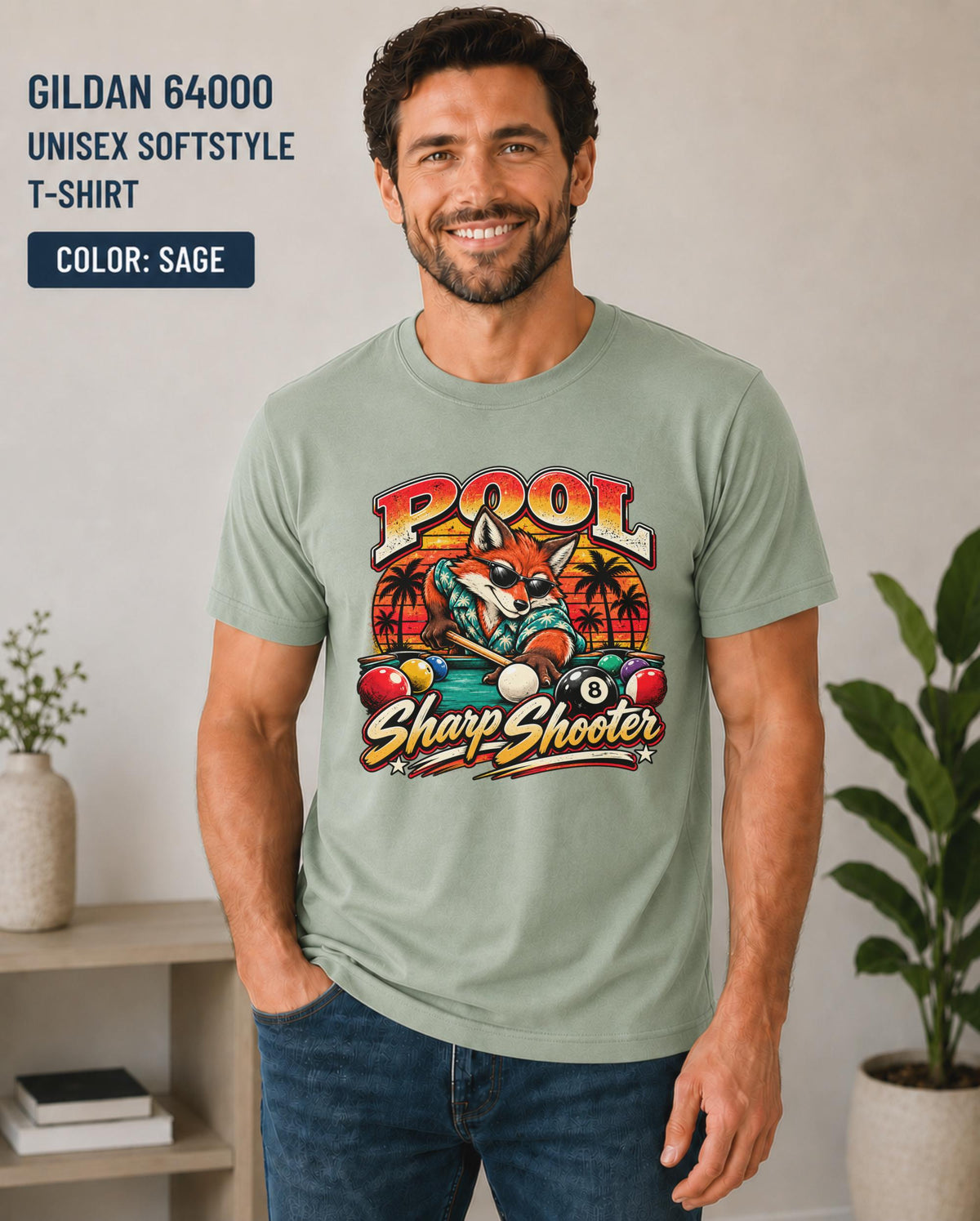 Sage Softstyle tee displaying the colorful retro fox billiards artwork with Pool Master lettering.