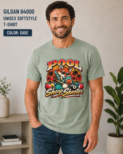 Sage Softstyle tee displaying the colorful retro fox billiards artwork with Pool Master lettering.