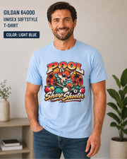 Light Blue Gildan 64000 shirt featuring the sharp shooter fox pool design with cue stick, 8 ball, and sunset accents.