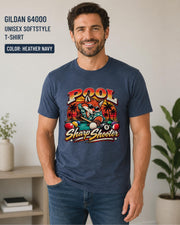 Navy Softstyle tee showing the Pool Master graphic with a fox, colorful billiards balls, and retro pool hall artwork.