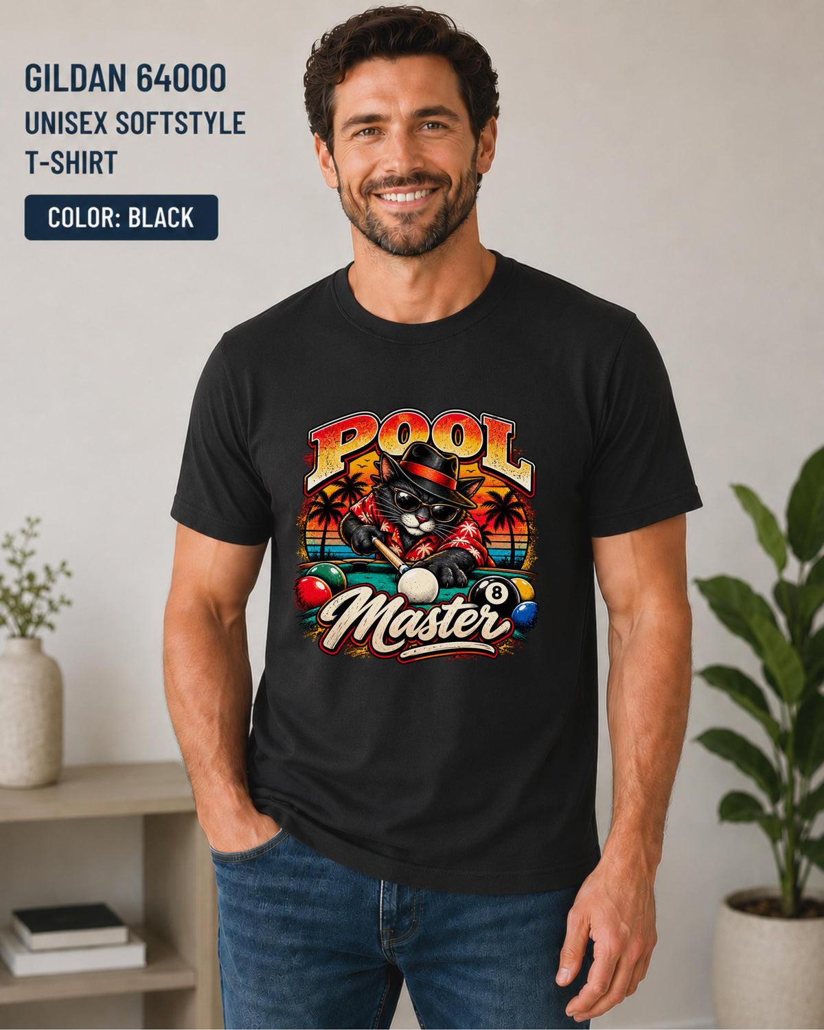 Black Gildan 64000 T-shirt modeled by a man, featuring the bold Pool Master cat graphic with colorful billiards details.