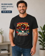 Black Gildan 64000 T-shirt modeled by a man, featuring the bold Pool Master cat graphic with colorful billiards details.