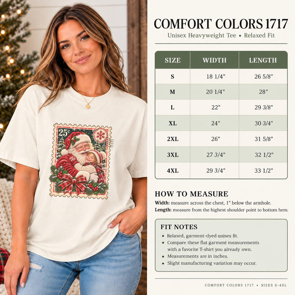 Comfort Colors 1717 size chart mockup showing shirt measurements, relaxed unisex fit details, and the customizable Santa photo design on an ivory tee.