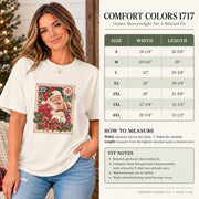 Comfort Colors 1717 size chart mockup showing shirt measurements, relaxed unisex fit details, and the customizable Santa photo design on an ivory tee.