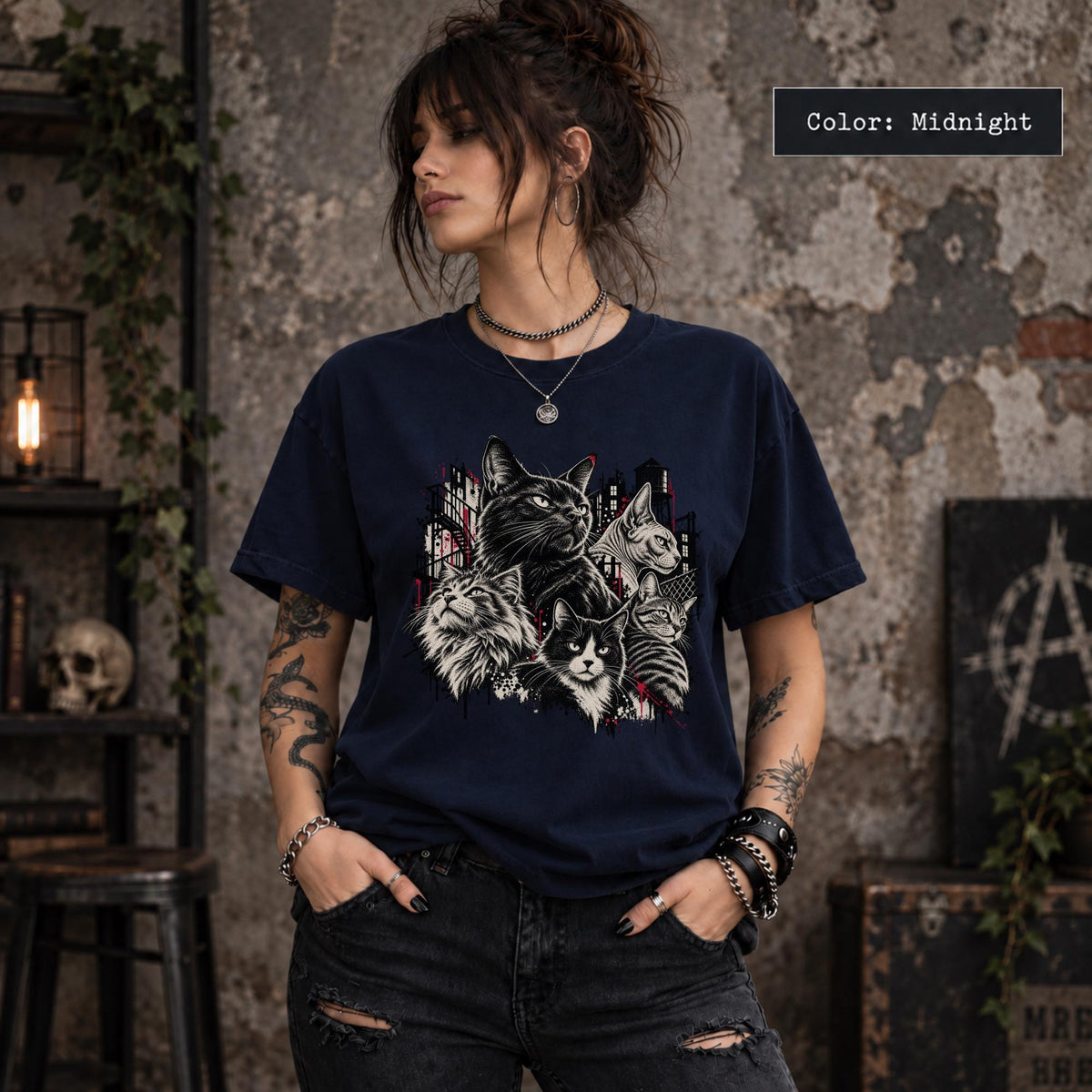 Midnight Comfort Colors shirt featuring the edgy cat graphic with layered black-and-white illustrations and distressed red details.