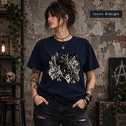 Midnight Comfort Colors shirt featuring the edgy cat graphic with layered black-and-white illustrations and distressed red details.