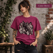 Berry Comfort Colors tee displaying the gothic cat design with multiple illustrated cats and distressed alternative artwork.