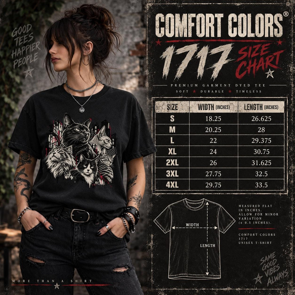Comfort Colors 1717 size chart mockup showing shirt measurements, relaxed unisex fit information, and the gothic cat graphic tee.
