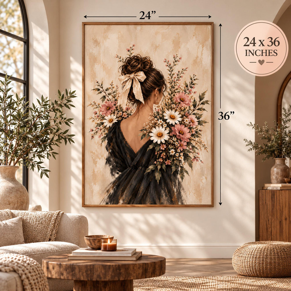 Vintage floral woman poster displayed in a natural wood frame above a cozy bench in a sunlit neutral living room. The artwork features a brunette woman viewed from behind with an oversized cream bow, elegant black dress, and romantic wildflower arrangement.