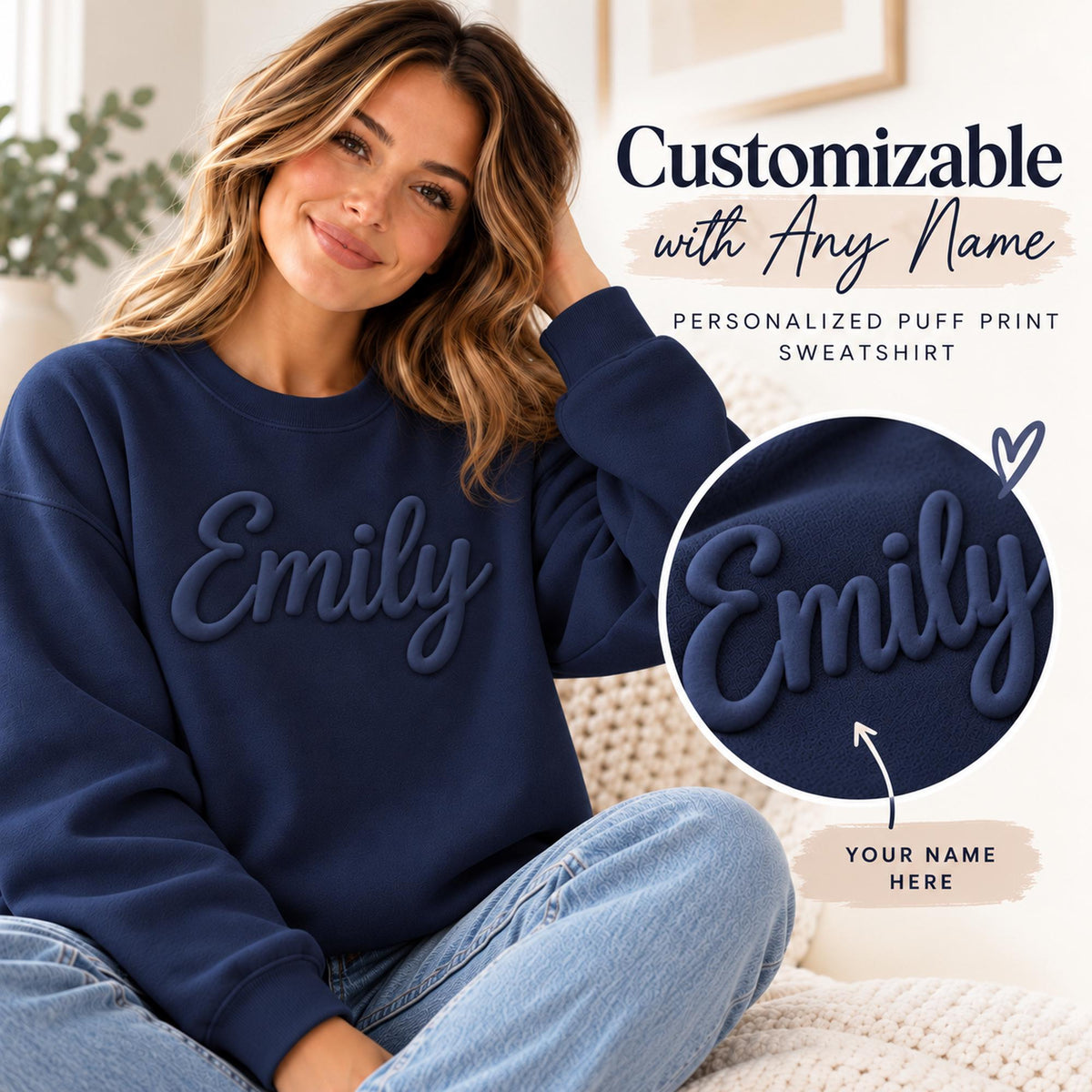 Custom Name Puff Print Sweatshirt, Personalized 3D Raised Text Crewneck, Retro Gift for Her