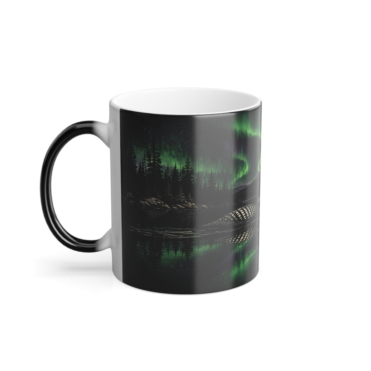 Printify product mockup of the loon colour-changing mug with the handle on the left, showing green northern lights reflected on a dark lake