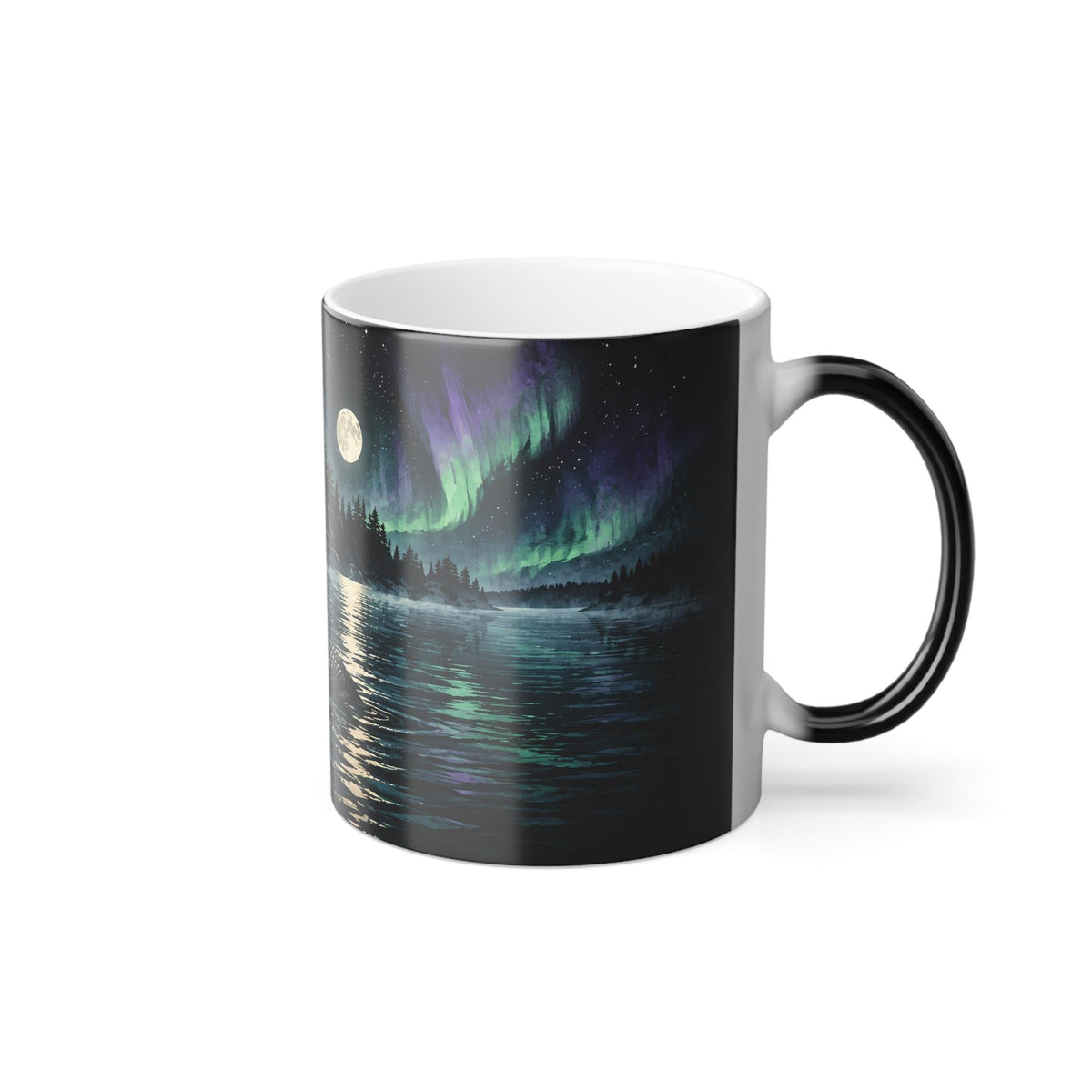 Printify product mockup of the loon couple colour-changing mug with the handle on the left, shown without names, with northern lights over the lake