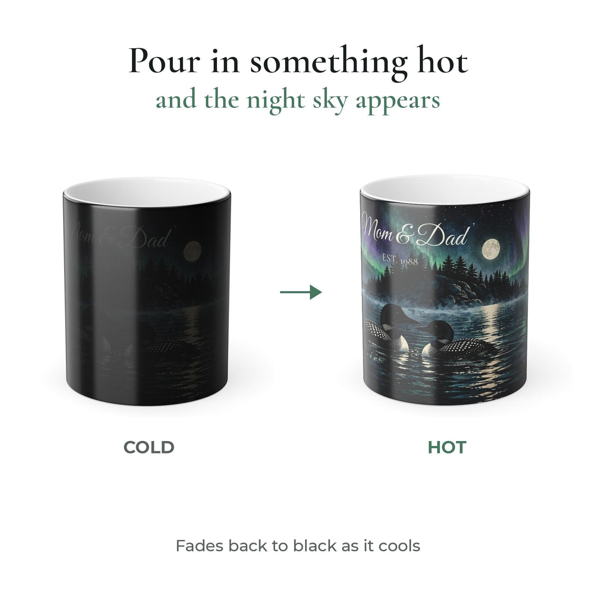 Hot and cold comparison: the personalized loon mug is solid black when cold, and the loons, northern lights and names appear when it is filled with a hot drink