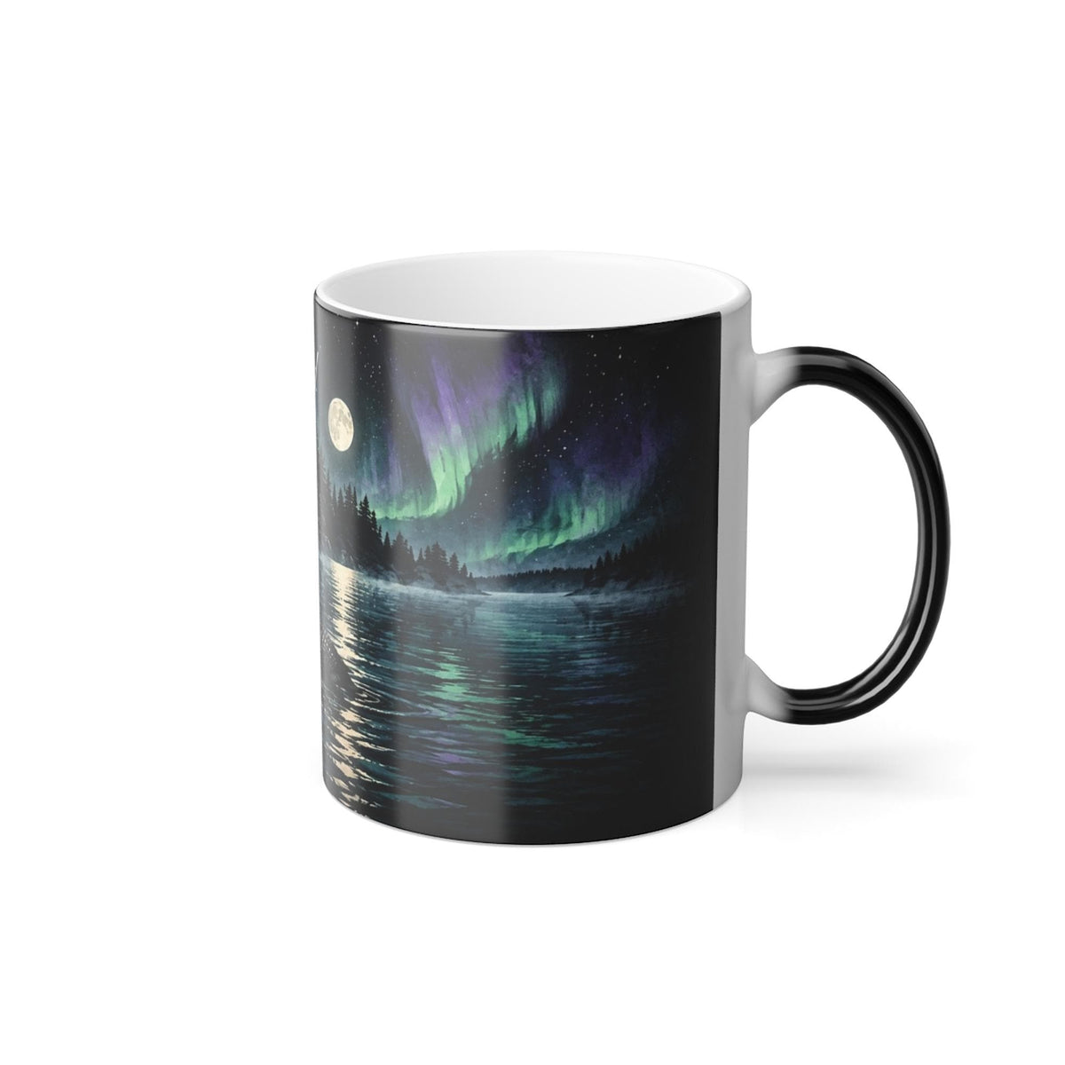 Printify product mockup showing the other side of the personalized loon mug, handle on the right, with the full moon and northern lights over the lake