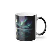 Printify product mockup showing the other side of the personalized loon mug, handle on the right, with the full moon and northern lights over the lake