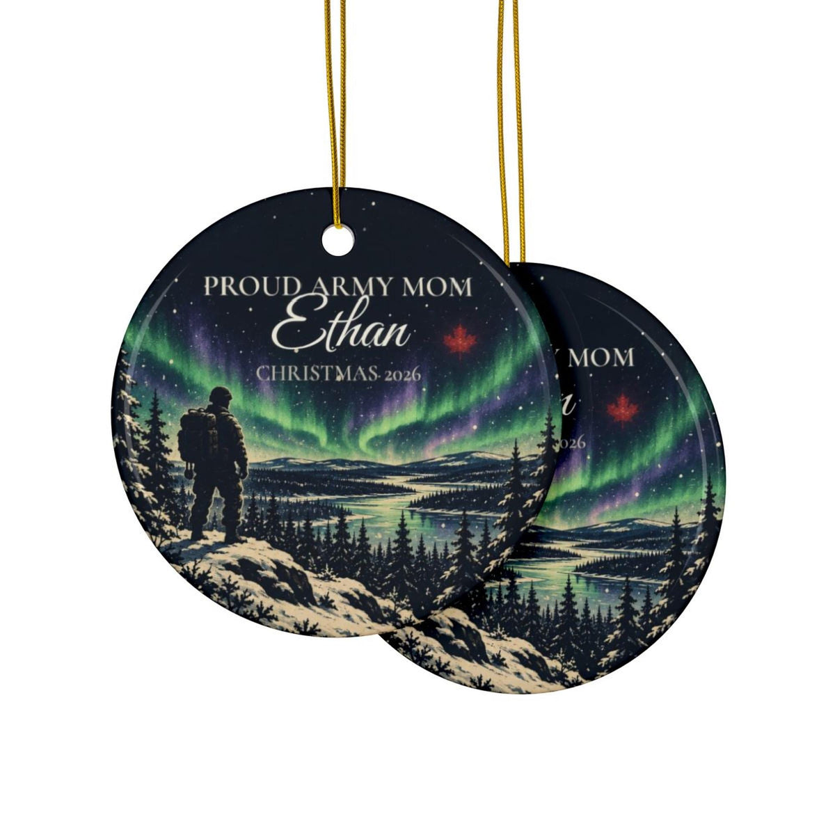 Printify mockup showing the same design printed on both the front and the back of the ceramic ornament