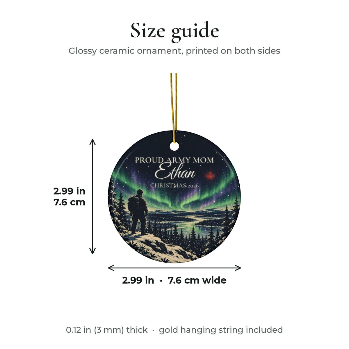 Size guide: round ceramic ornament 2.99 in (7.6 cm) across and 0.12 in (3 mm) thick, with gold hanging string