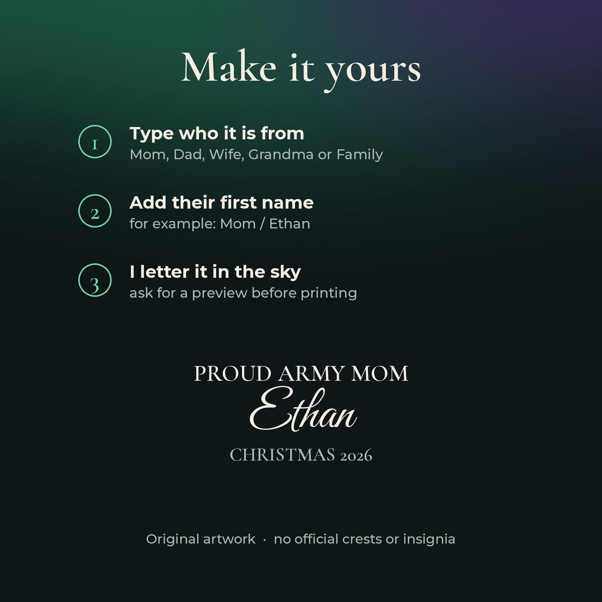 How to personalize: type who it is from and their first name, for example Mom and Ethan, and it is lettered in the sky with Christmas 2026