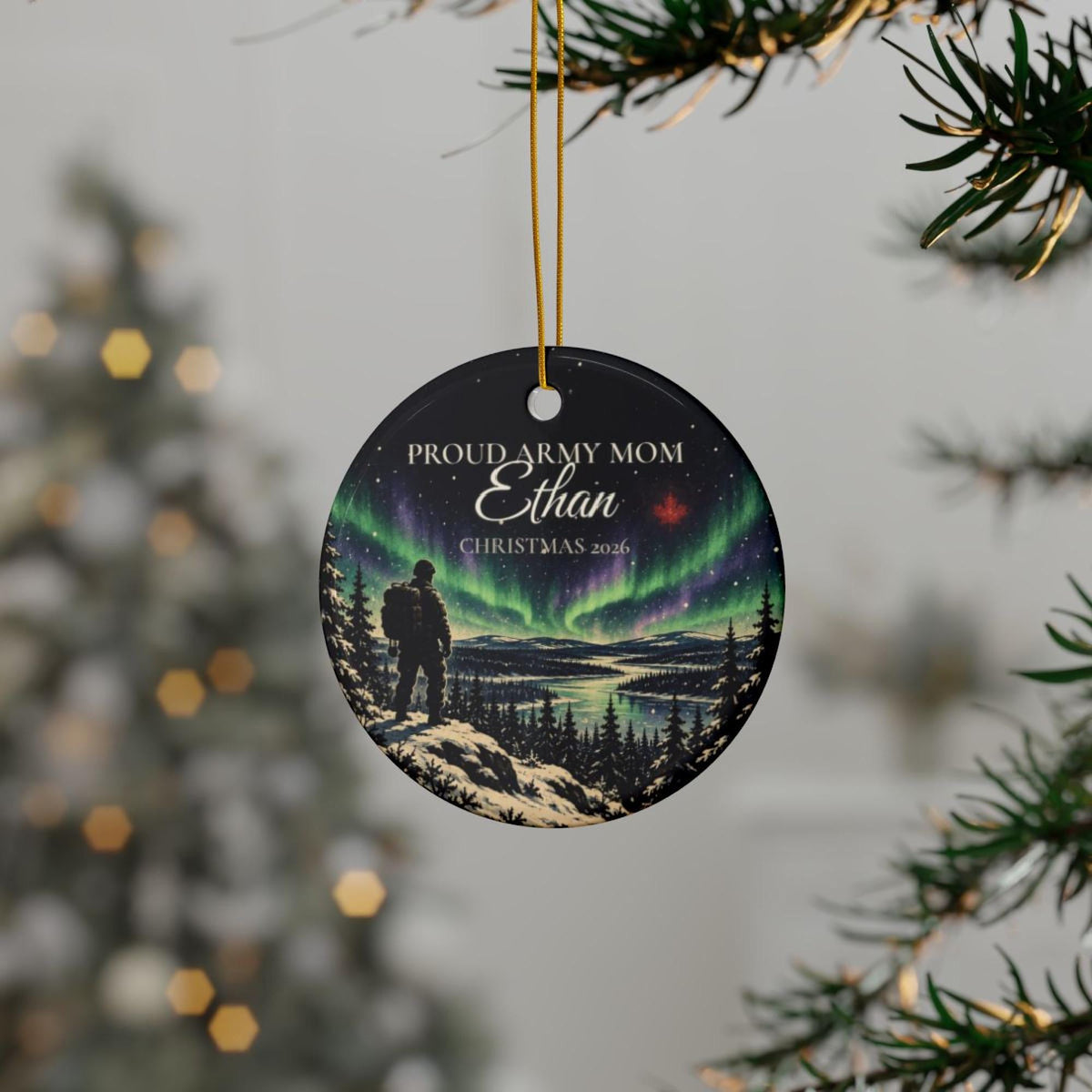 Printify lifestyle mockup of the Army ornament hanging near a softly lit Christmas tree