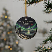 Printify lifestyle mockup of the Army ornament hanging near a softly lit Christmas tree