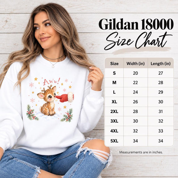 Gildan 18000 size chart mockup showing sweatshirt measurements and fit information beside the reindeer Christmas graphic.