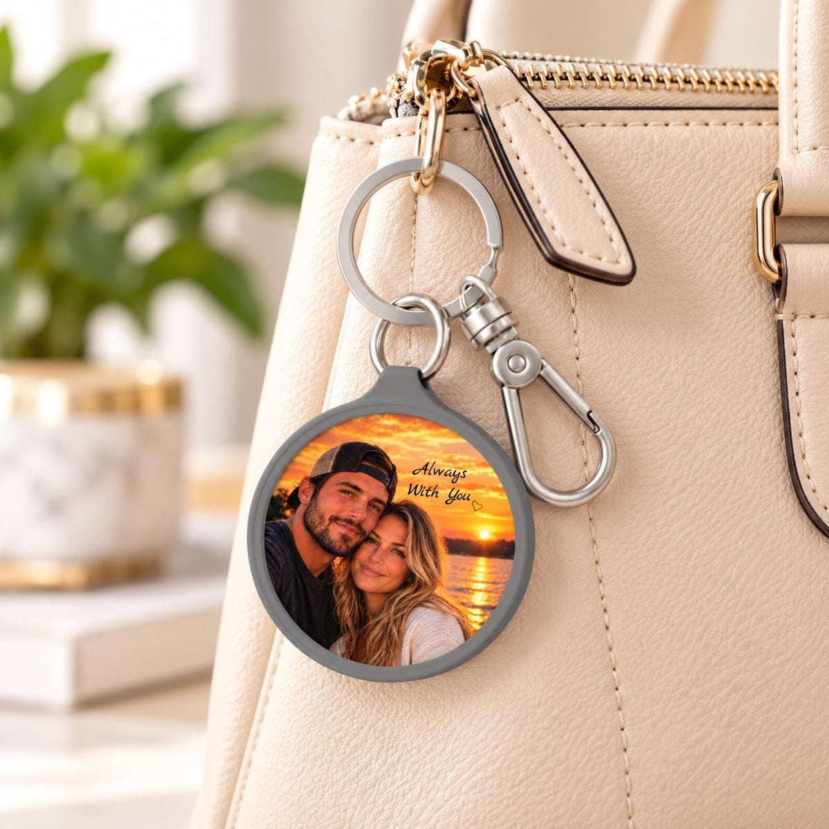 Custom couple keychain hanging from a neutral handbag, showing the round photo pendant and silver clasp.