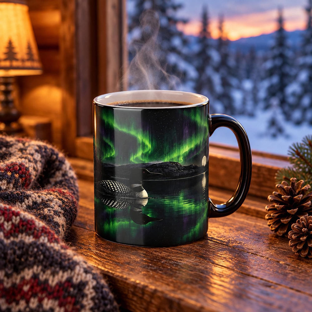 Steaming black colour-changing loon mug on a cabin windowsill beside a knit blanket and pine cones, showing a loon on a dark lake under green northern lights, with snowy spruce trees outside
