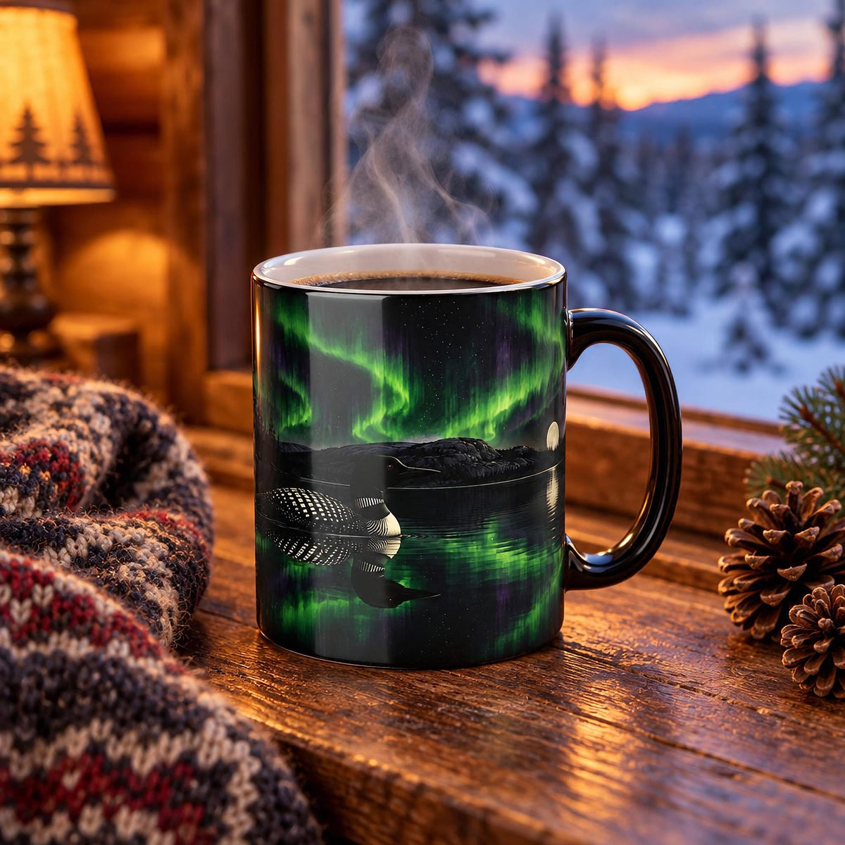 Steaming black colour-changing loon mug on a cabin windowsill beside a knit blanket and pine cones, showing a loon on a dark lake under green northern lights, with snowy spruce trees outside