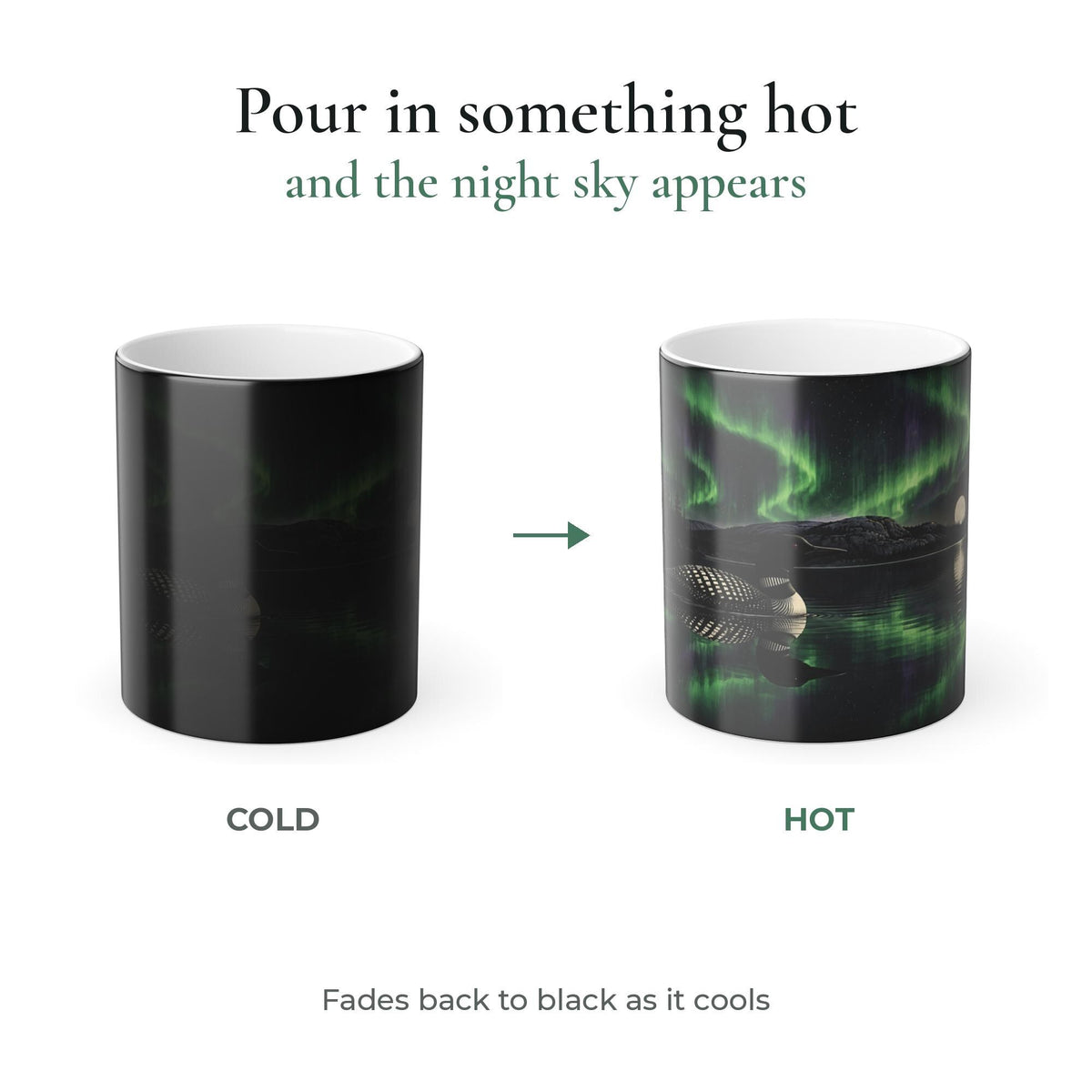 Hot and cold comparison: the loon mug is solid black when cold, and the loon and northern lights design appears when it is filled with a hot drink