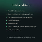 Product details card: 11 oz ceramic mug, black outside and white inside, glossy, full wraparound colour-changing print, lead and BPA free, microwave safe, hand wash only, made to order