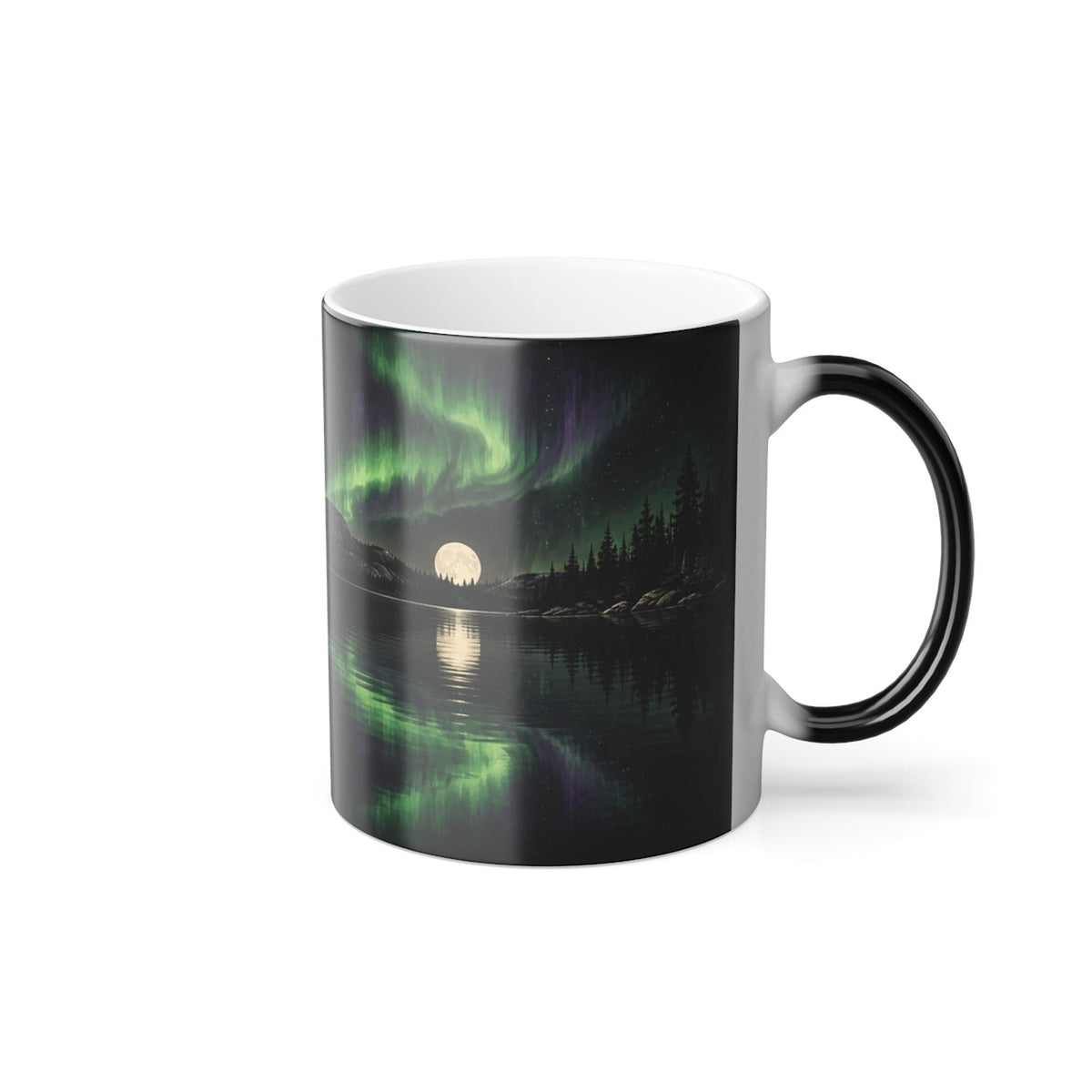 Printify product mockup showing the other side of the loon mug, handle on the right, with the full moon and northern lights reflected on the lake