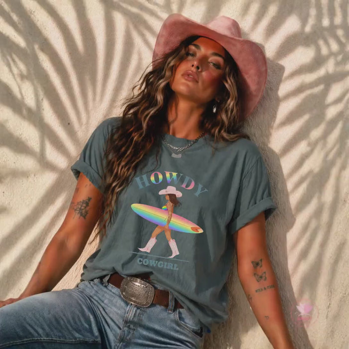 WLW cowgirl t‑shirt, gay cowgirl graphic, retro rainbow surf tee
